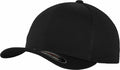 Introducing the YP051 by Flexfit By Yupoong: a sleek black cap featuring a curved brim and mesh back panel.