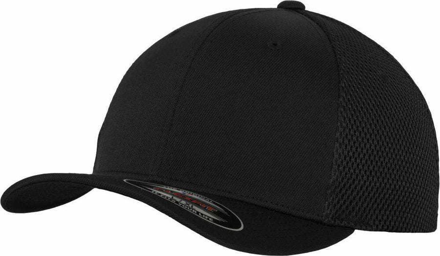 Introducing the YP051 by Flexfit By Yupoong: a sleek black cap featuring a curved brim and mesh back panel.
