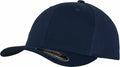 A side angle view of the YP051 dark blue baseball cap featuring a solid front and mesh back, by Flexfit By Yupoong.