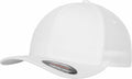 The YP051 from Flexfit By Yupoong is a white baseball cap with a curved brim and mesh back, featuring a sticker on the brim that includes branding details and size information.