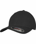 A black Flexfit By Yupoong YP053 cap with a curved visor and a sticker on the front.