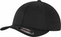 The YP054 by Flexfit By Yupoong is a plain black baseball cap featuring a curved brim and a sticker on the brim.