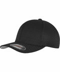 A black Flexfit By Yupoong YP056 with a mesh texture and a curved brim. The cap features a label on the brim with some reflective text.
