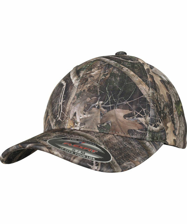 A Flexfit By Yupoong YP057 with a curved brim and an elastic headband, featuring a woodland pattern design.