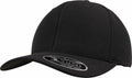 A black YP062 baseball cap from Flexfit By Yupoong, featuring a curved brim and a sticker on the peak.