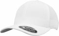 A plain white YP062 baseball cap with a curved brim featuring the Flexfit By Yupoong label. The cap is positioned at an angle, displaying the front and part of the side.