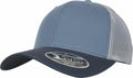 Flexfit By Yupoong's YP063 is a blue and gray baseball cap featuring a mesh back and a sticker on the brim.