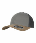 A gray and brown Flexfit By Yupoong YP063 trucker cap with a mesh back and a sticker on the brown brim, viewed from an angle.