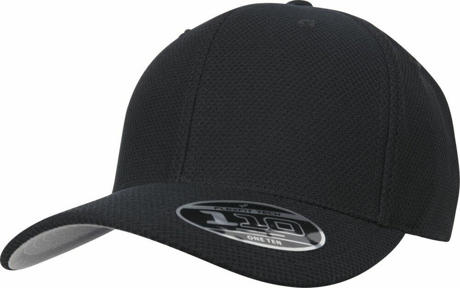 Flexfit By Yupoong's YP064 is a black baseball cap featuring a sticker on the brim with text and graphics.