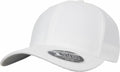 A YP064 baseball cap by Flexfit By Yupoong features a curved brim with a white design. The stickers on the brim display FLEXFIT TECH 110 and ONE TEN, and the cap is made from textured fabric, shown against a plain background in the photograph.
