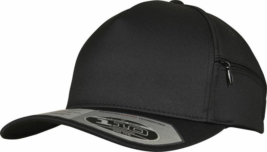 Flexfit By Yupoong's YP065 is a black baseball cap featuring a curved brim and a small zippered pocket on the side.