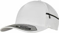 The YP065 by Flexfit By Yupoong is a white baseball cap featuring a small zippered pocket on the side and a sticker on the brim.