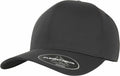 The YP067 by Flexfit By Yupoong is a black baseball cap featuring a curved brim and a sticker on the bill.