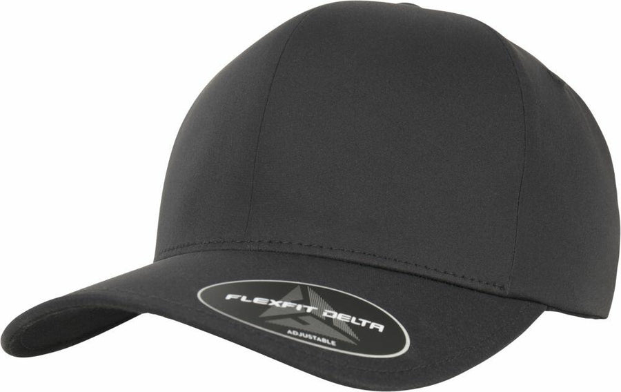 The YP067 by Flexfit By Yupoong is a black baseball cap featuring a curved brim and a sticker on the bill.