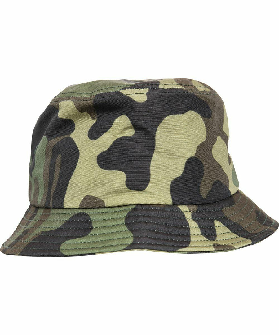 A Flexfit By Yupoong YP068 camouflage-patterned bucket hat with green, brown, and black colors.