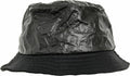 YP069, by Flexfit By Yupoong, is a black bucket hat featuring a shiny, crinkled texture on the top and a smooth brim.