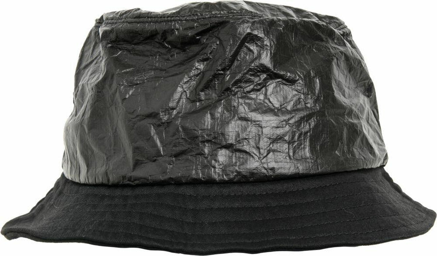 YP069, by Flexfit By Yupoong, is a black bucket hat featuring a shiny, crinkled texture on the top and a smooth brim.