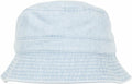 Front view of a light blue denim bucket hat featuring a stitched brim, from the Flexfit By Yupoong YP070 collection.