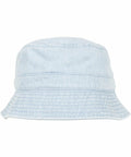 A light blue denim bucket hat with visible stitching around the brim and crown, Flexfit By Yupoong YP070.