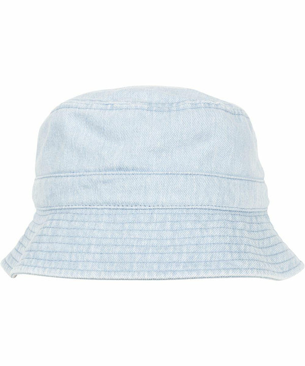 A light blue denim bucket hat with visible stitching around the brim and crown, Flexfit By Yupoong YP070.