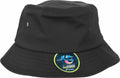 A black bucket hat with the product name YP071 and a round label on the front from Flexfit By Yupoong.