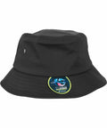 A black bucket hat with a circular sticker on the front displaying the words "YP071" and "Flexfit By Yupoong.