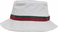 Flexfit By Yupoong's YP072 bucket hat, featuring a white design with a green and red striped band.