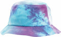 Flexfit By Yupoong's YP073 is a tie-dye bucket hat with blue and purple patterns, featuring a wide brim and small ventilation eyelets.