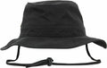 A Flexfit By Yupoong YP074 bucket hat in black, featuring a wide brim and adjustable chin strap.