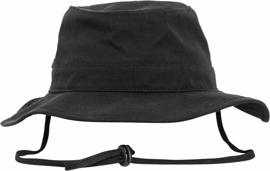 A Flexfit By Yupoong YP074 bucket hat in black, featuring a wide brim and adjustable chin strap.