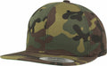 The YP081 snapback cap by Flexfit By Yupoong features a camouflage pattern with a flat brim in shades of green and brown.