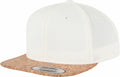 A white YP082 snapback hat with a cork brim and a sticker on the front, brought to you by Flexfit By Yupoong.