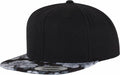 The Flexfit By Yupoong YP087 is a black snapback cap with a flat visor that showcases a gray floral pattern.