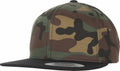 A YP089 baseball cap by Flexfit By Yupoong featuring a camouflage pattern, black brim, and snapback closure.