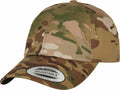 A YP096 camouflage baseball cap by Flexfit By Yupoong, featuring an adjustable strap and a sticker on the brim.