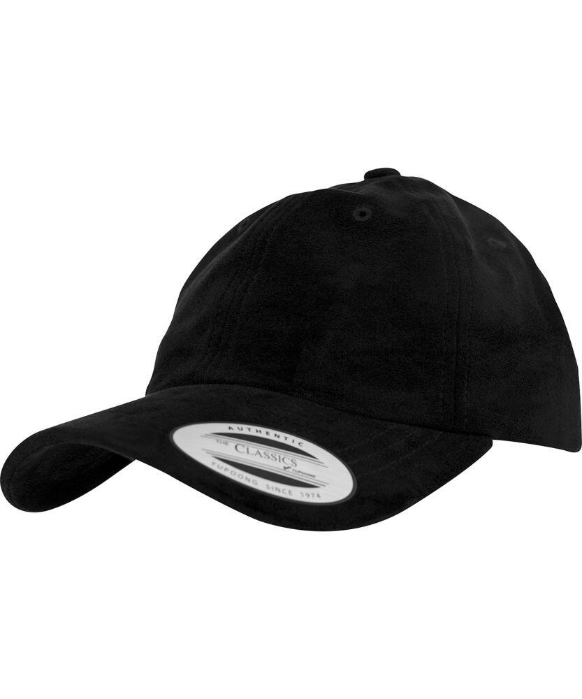 Flexfit By Yupoong's YP102 black baseball cap features a curved brim and a sticker on the front.
