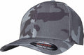 A gray camouflage YP104 baseball cap with a curved brim and a Flexfit By Yupoong logo on the underside.