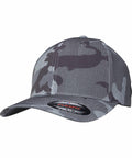 Gray camo-patterned baseball cap with a curved brim and a Flexfit By Yupoong YP104 sticker on the front.