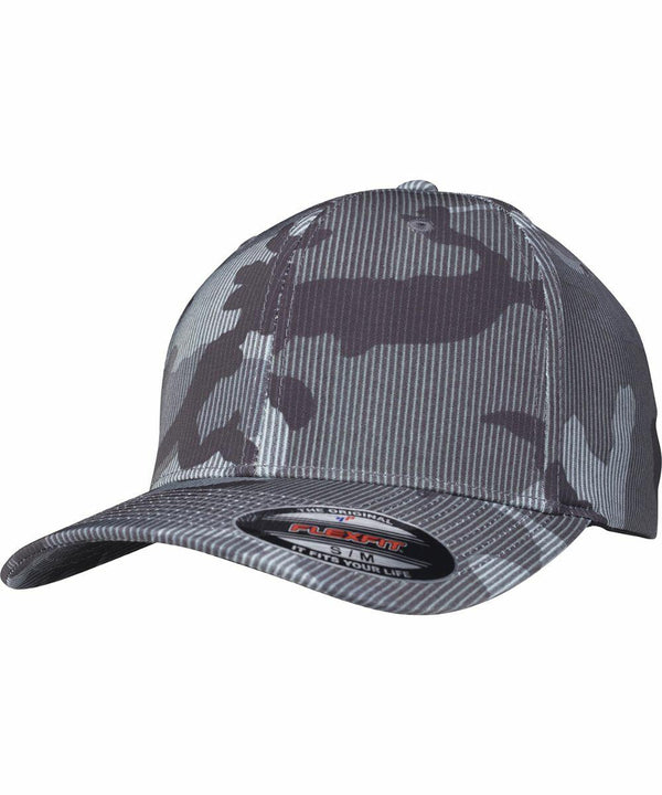 Gray camo-patterned baseball cap with a curved brim and a Flexfit By Yupoong YP104 sticker on the front.