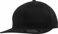 The YP106 by Flexfit By Yupoong is a solid black baseball cap featuring a curved brim and a sticker on the brim.