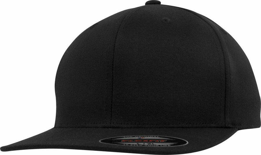 The YP106 by Flexfit By Yupoong is a solid black baseball cap featuring a curved brim and a sticker on the brim.