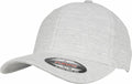 The YP107, a light gray baseball cap from Flexfit By Yupoong, features a subtle striped texture and comes with a Flexfit sticker on the brim.
