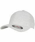 A light gray Flexfit By Yupoong YP107 baseball cap with a curved brim and a sticker on the front indicating its size.