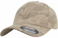 A YP110 baseball cap from Flexfit By Yupoong in beige camouflage, featuring a curved brim and a front sticker.