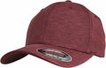 A maroon YP111 baseball cap by Flexfit By Yupoong, featuring a curved brim and a sticker on the front.