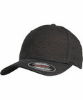 A black baseball cap with a slightly curved visor and a sticker on the brim that reads "YP111 Flexfit By Yupoong.