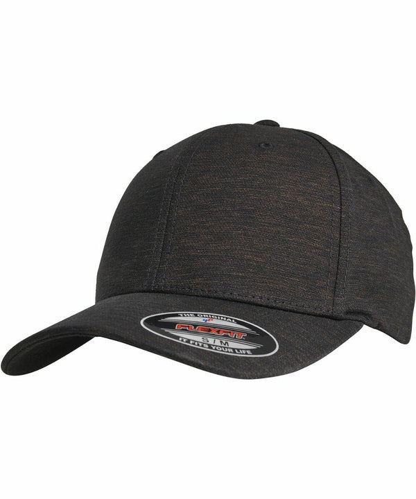 A black baseball cap with a slightly curved visor and a sticker on the brim that reads "YP111 Flexfit By Yupoong.
