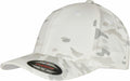 The YP112 by Flexfit By Yupoong is a white camo baseball cap featuring a classic six-panel design with an adjustable strap at the back and a Flexfit sticker on the brim.