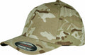 A YP112 tan camouflage baseball cap with a curved brim, featuring the Flexfit By Yupoong label on the brim.