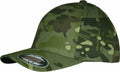 Baseball cap with camouflage pattern and a sticker on the brim by Flexfit By Yupoong, product name YP112.